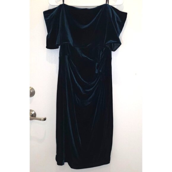 Vince Camuto Off-The-Shoulder Green Velvet Cocktail Holiday Party Dress Size 14 - Picture 5 of 16